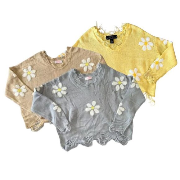 Cropped Daisy Floral Print V Neck Long Sleeve Personality Sweater Ribbed Trim - Picture 1 of 15
